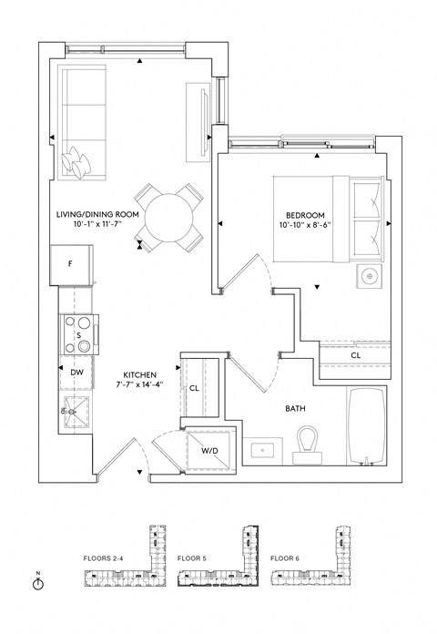 Floor plan for 1 bed, 1 bath, 542 sqft